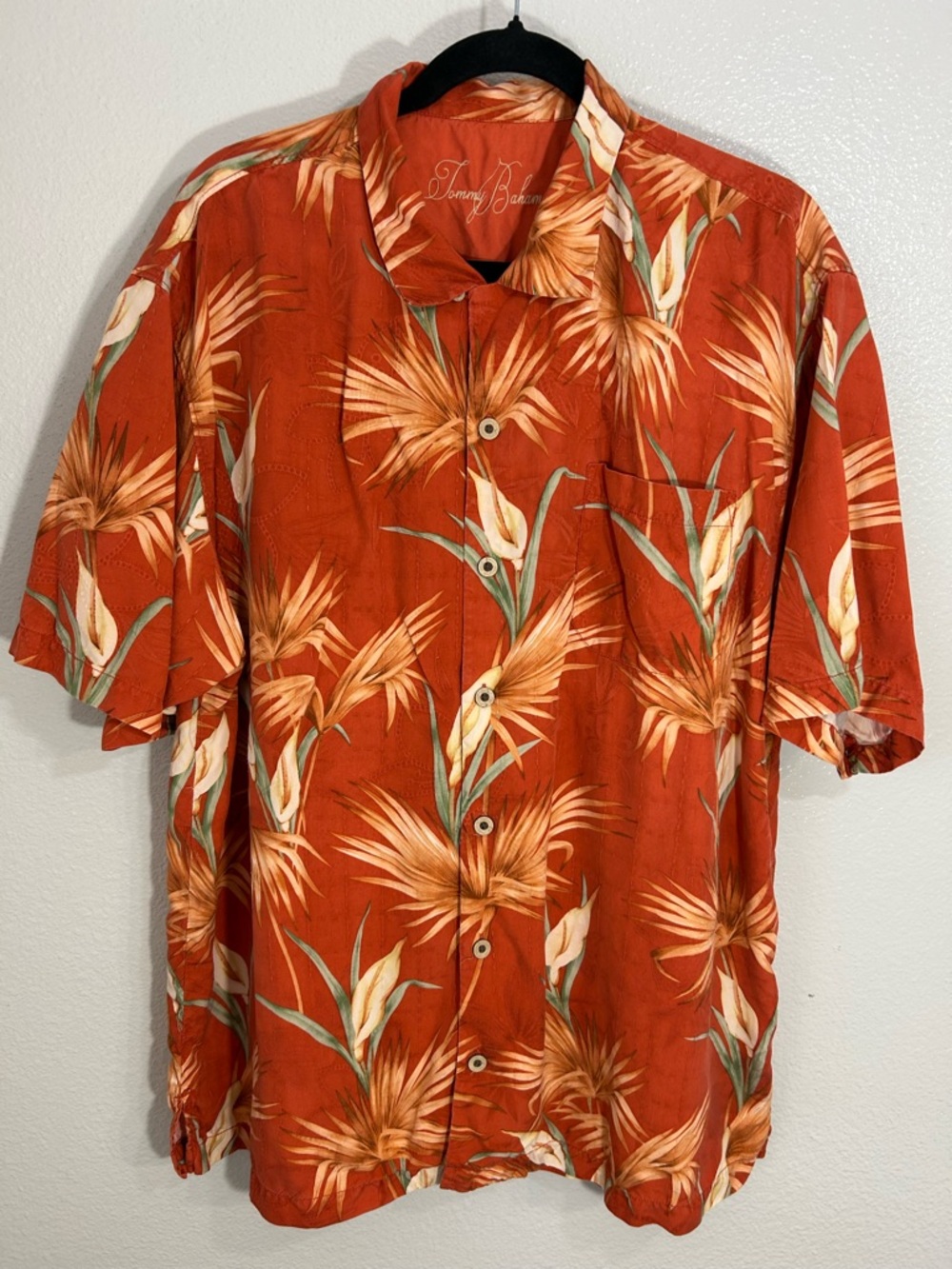 Tommy Bahama Orange Floral Camp Shirt with Cream & Green Accents
